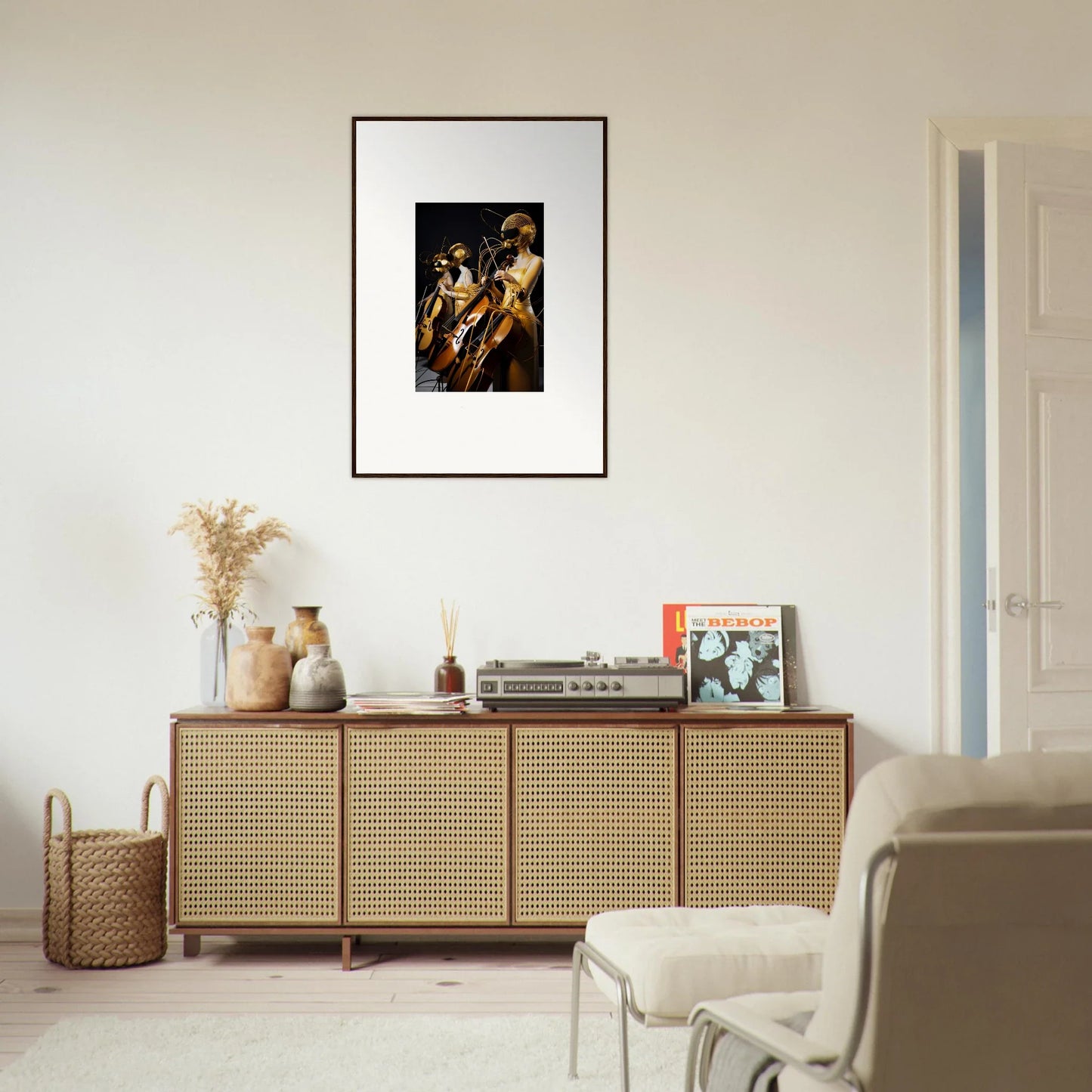 Wooden sideboard with cane-webbed doors enhances room decor, featuring Amber Crescendo