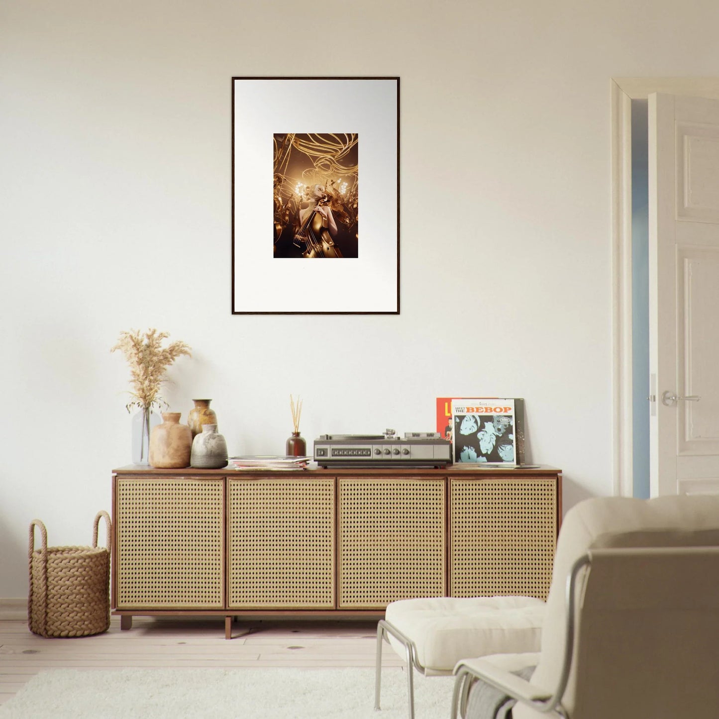 Wooden sideboard with cane-webbed doors, enhancing harmony enigma in room decor