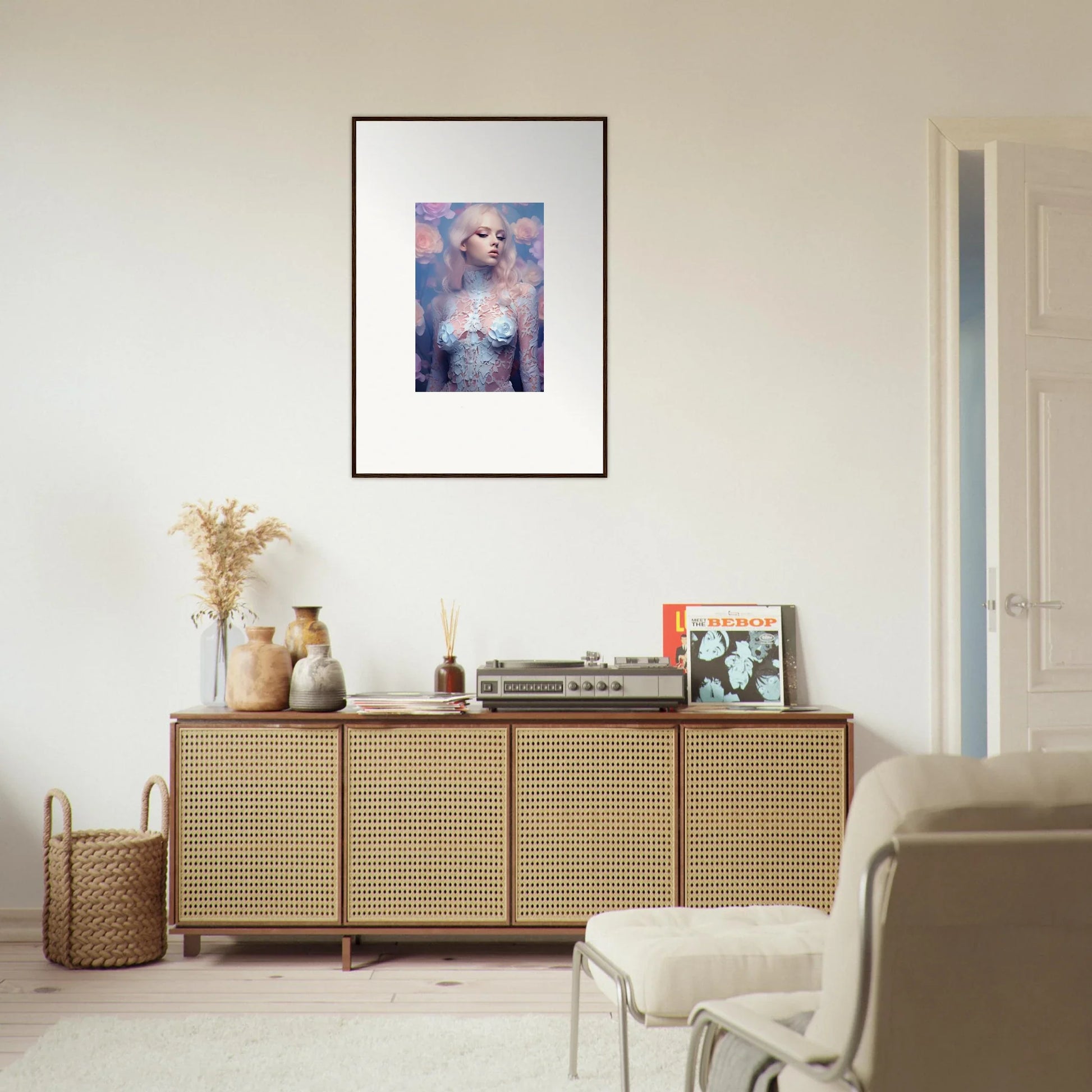 Wooden sideboard with rattan doors and decor, perfect for elegant room decor and Petal Vapor