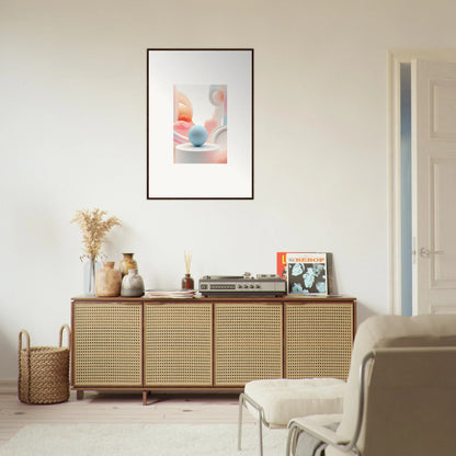 Wooden sideboard with rattan-style doors enhances cosmic timeless room decor