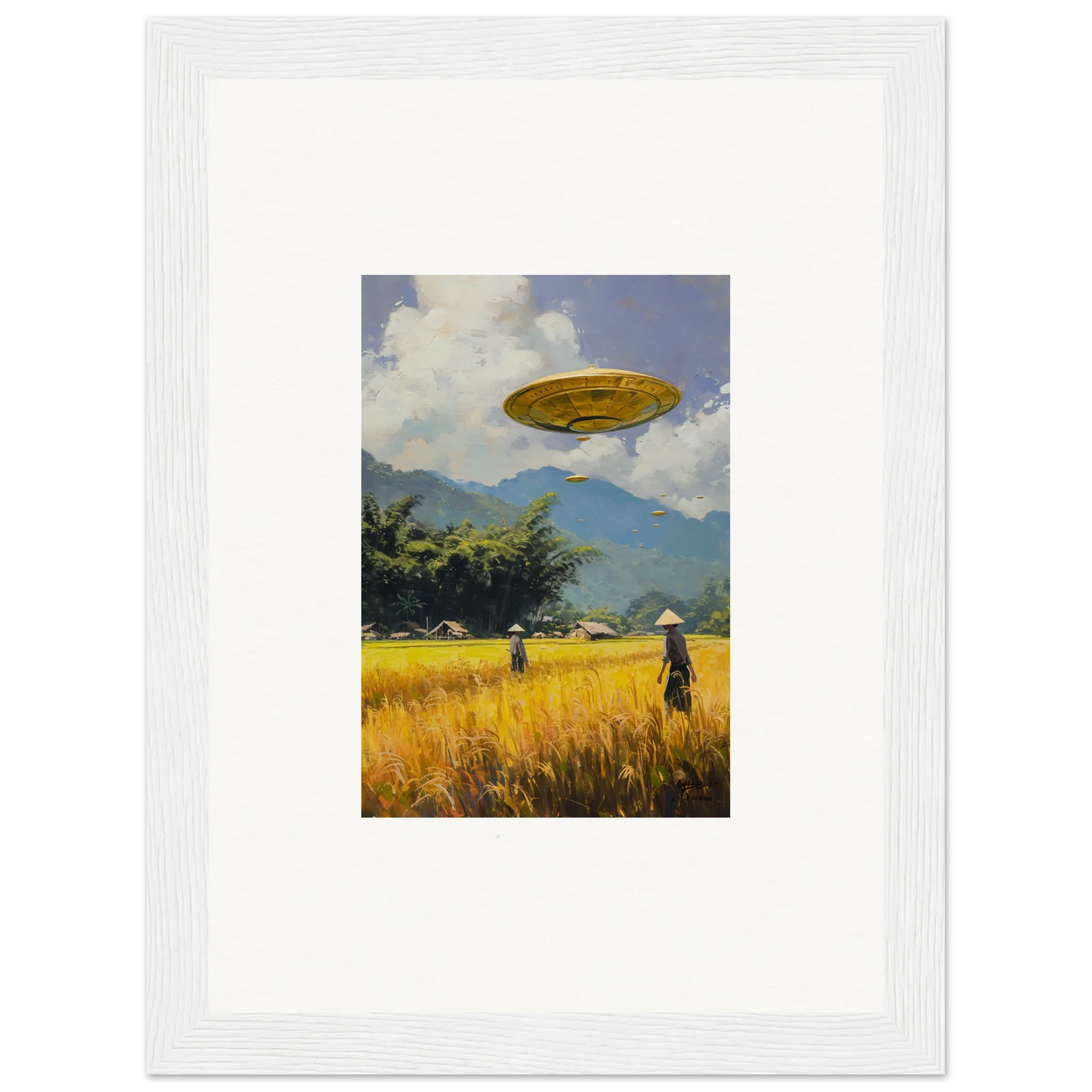 Yellow UFO above a field, framed wall art for Circles Kabuki room decor