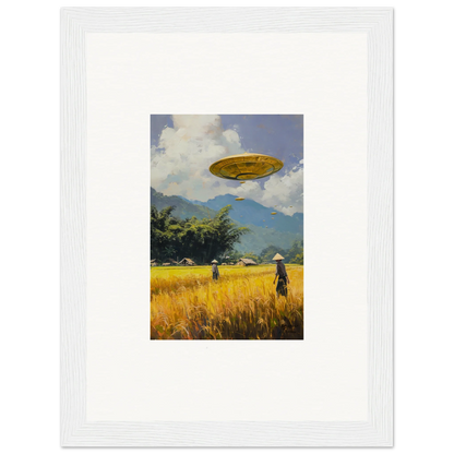 Yellow UFO above a field, framed wall art for Circles Kabuki room decor