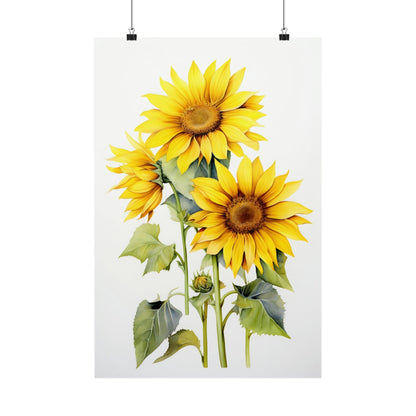 A yellow sunflower with green leaves on a white background