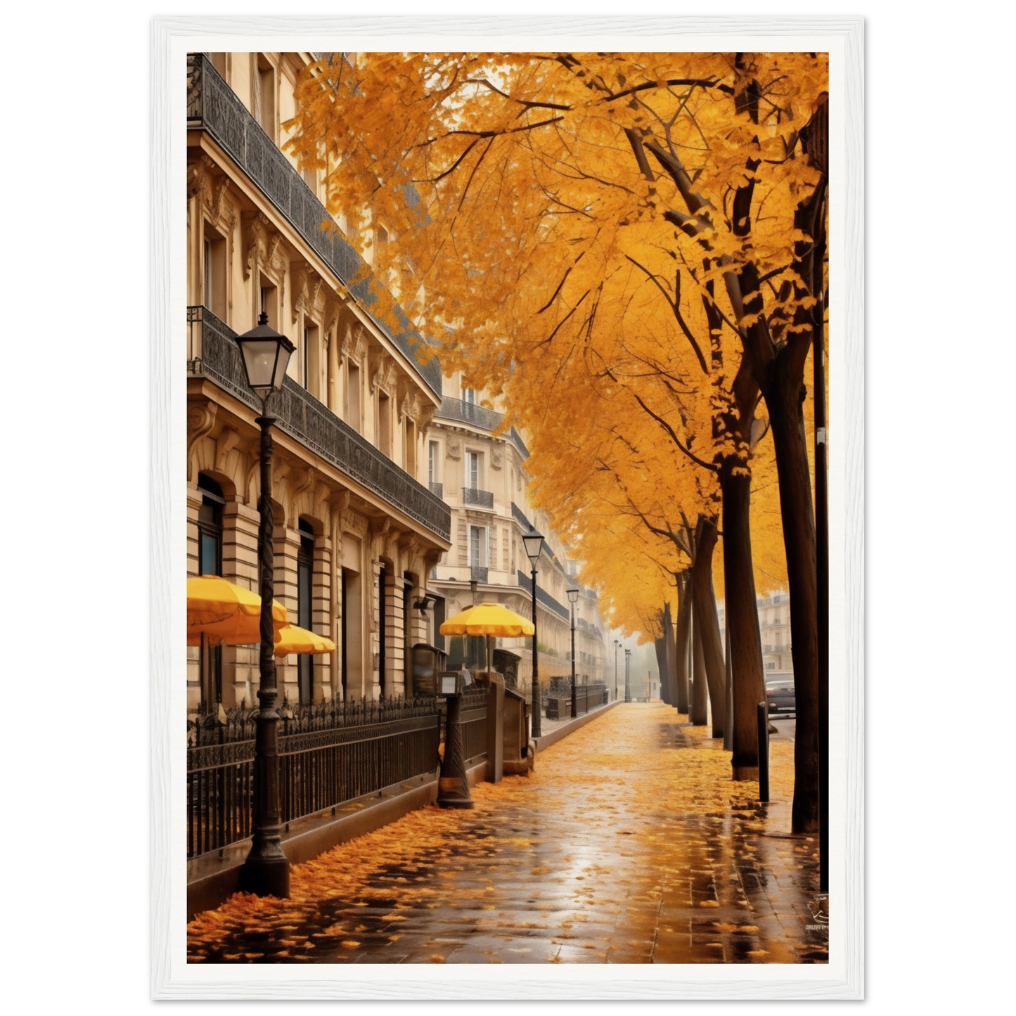 A yellow umbrella is hanging from a tree in the middle of a city street