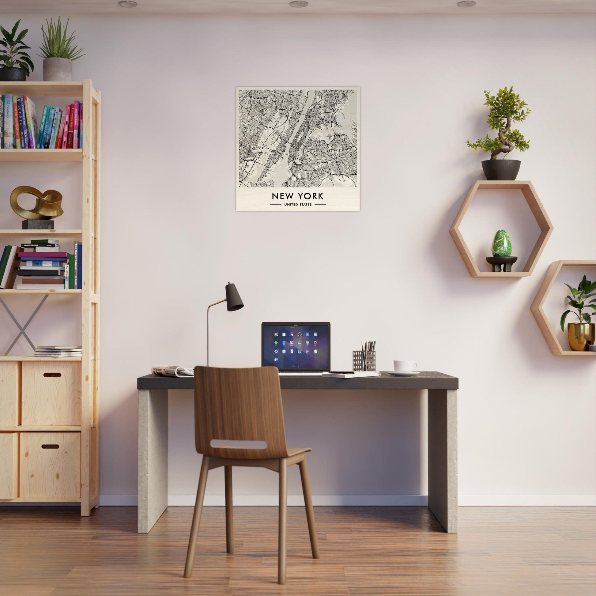 Home office desk setup with a chair, laptop, and decorative shelving.